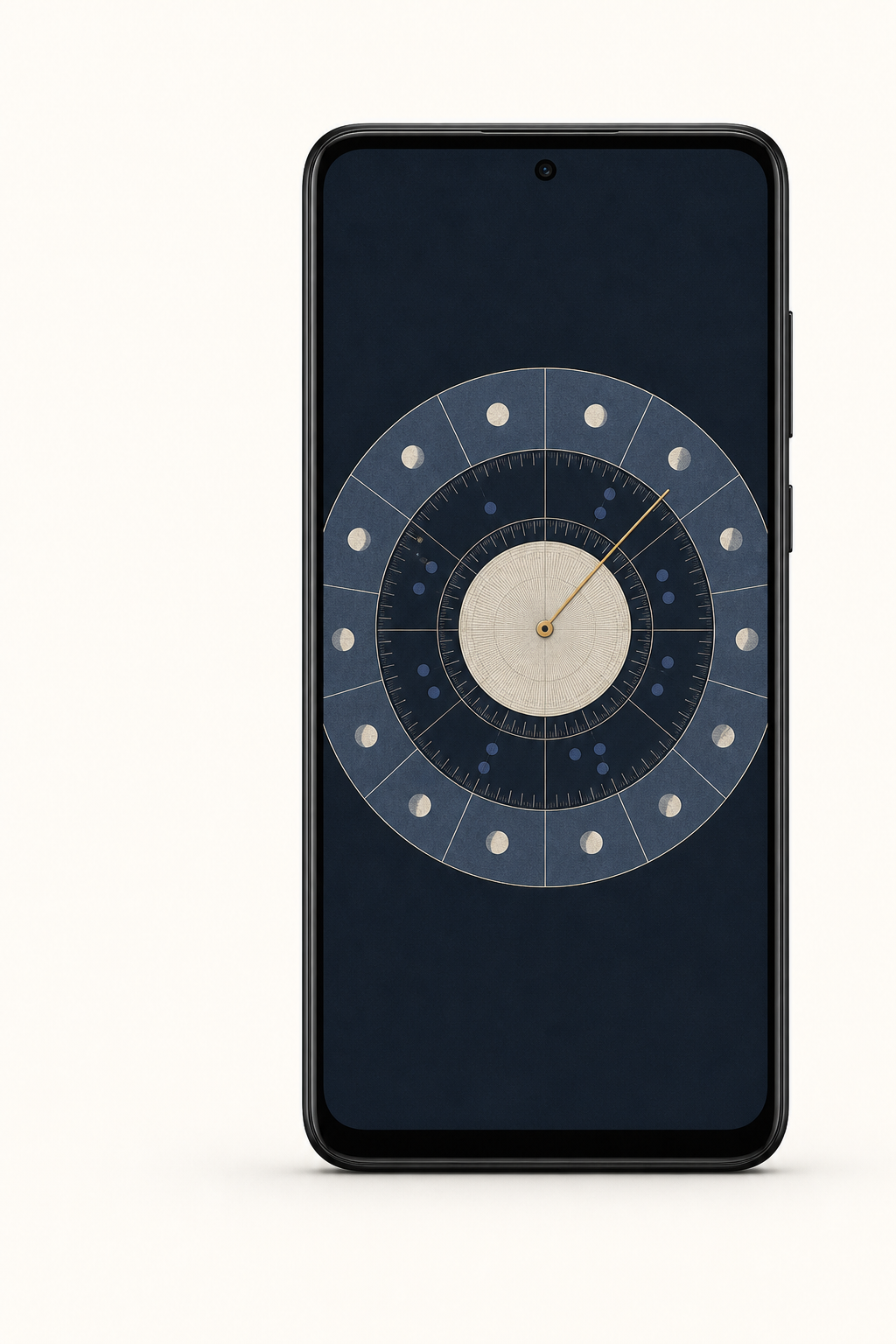 Illustrative Orbit phone with a circular annual calendar and fictional signals